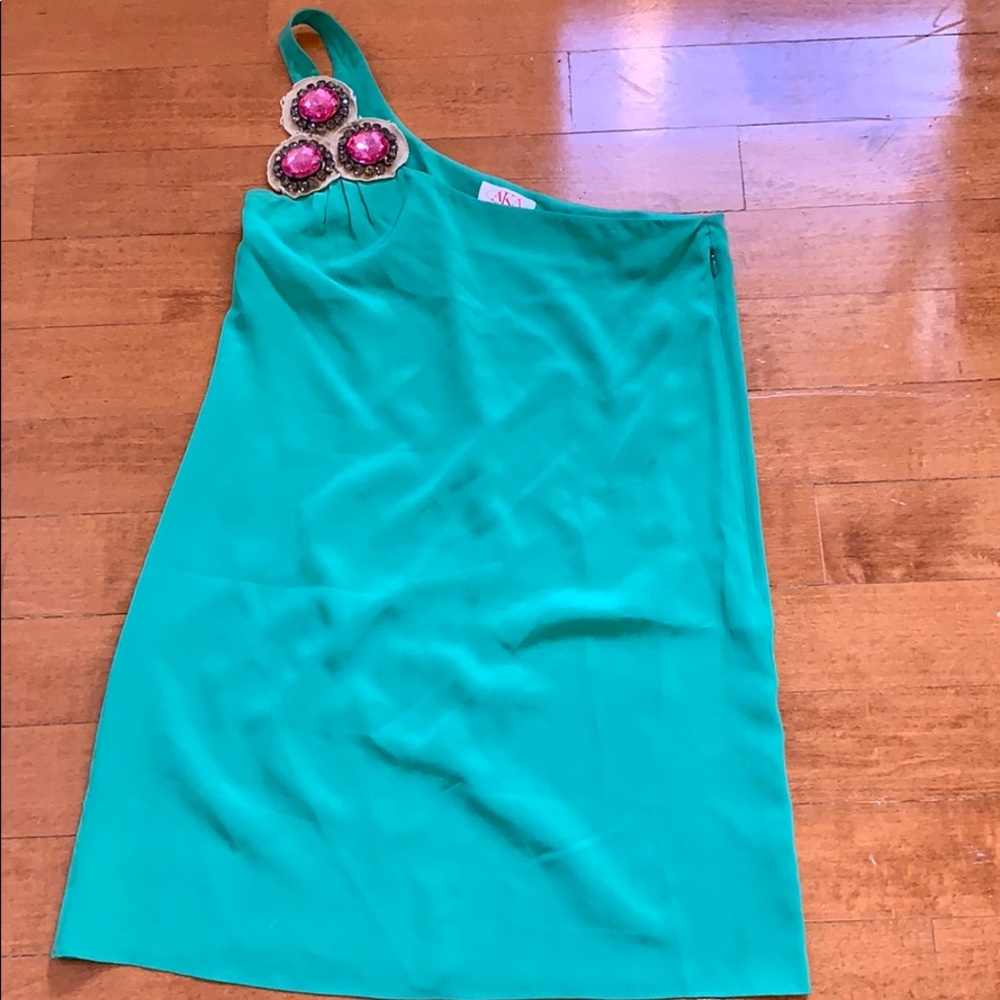 AKA New York green embellished one shoulder dress